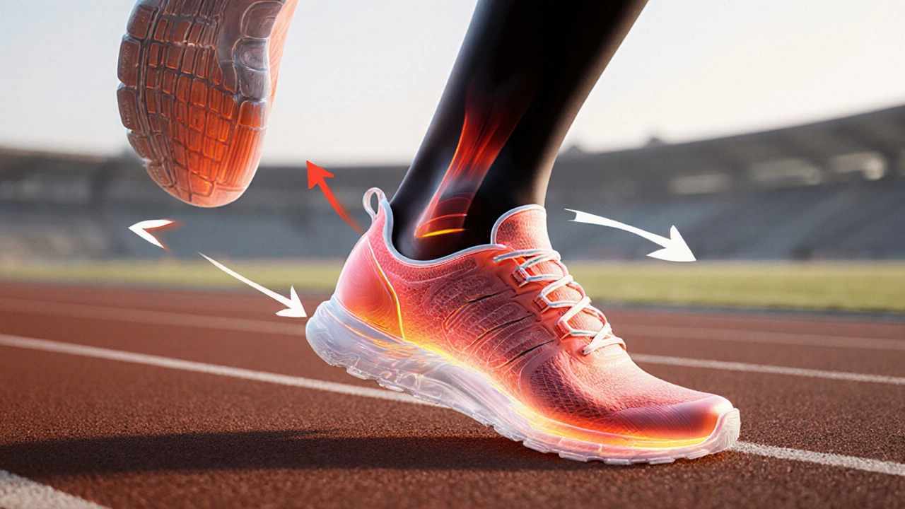 Transparent shoe showing foot expansion with pressure heat map during running