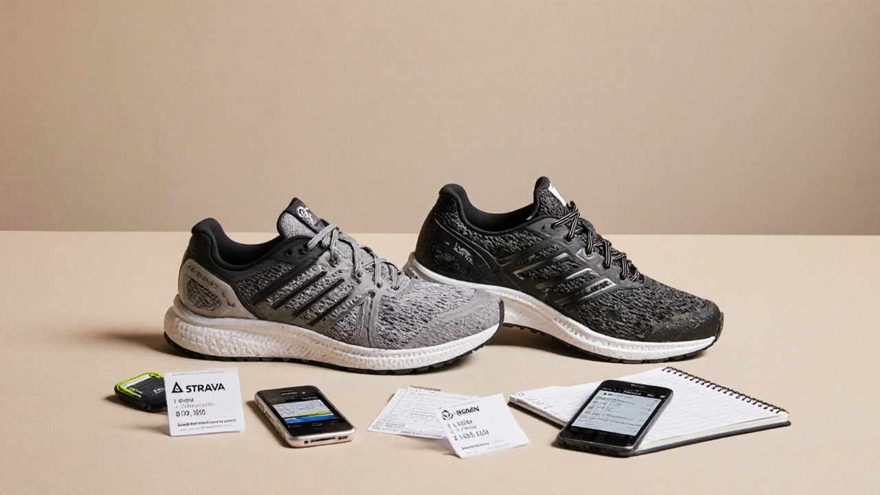 Two running shoes side by side—one upright, one tilted—next to mileage logs