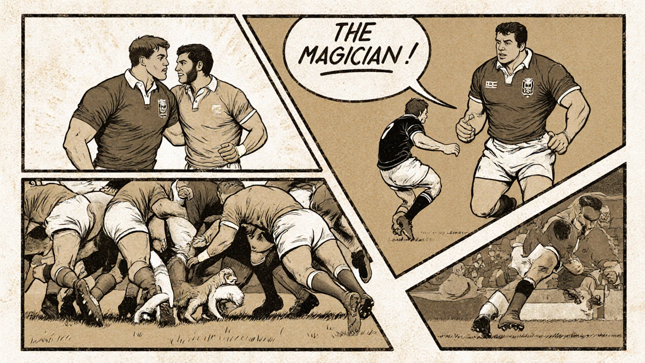 Vintage-style illustration showing rugby positions: scrum-half, fly-half, flanker, and lock in action.