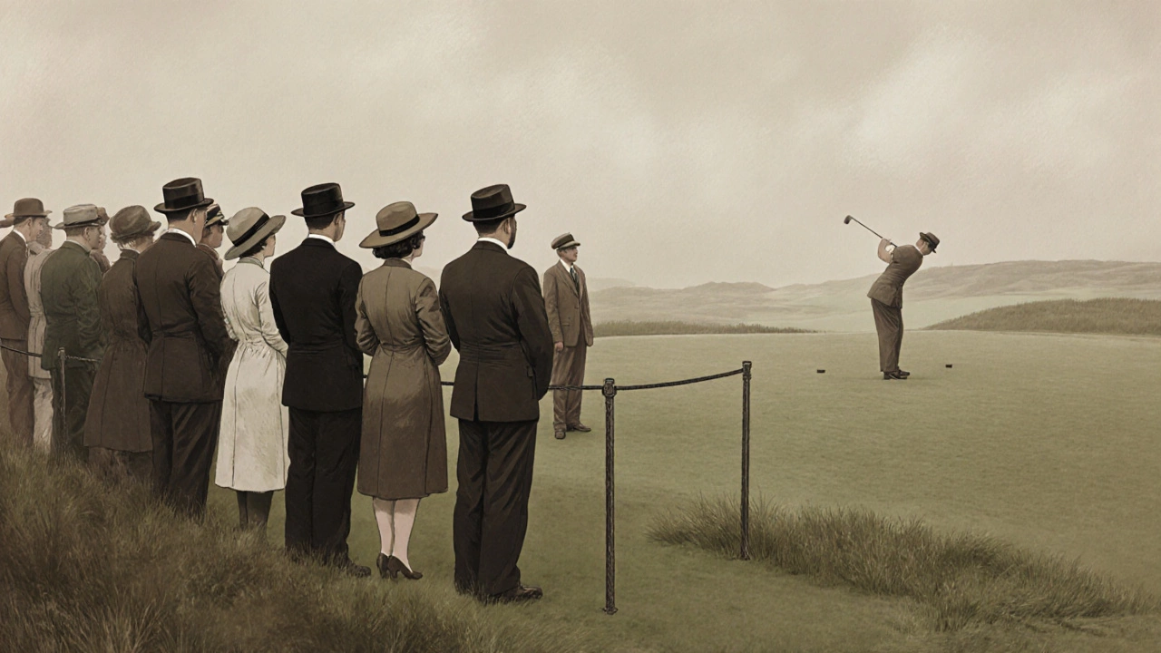 Vintage-style spectators in 1920s attire observe a golf swing with quiet dignity on a traditional links course.