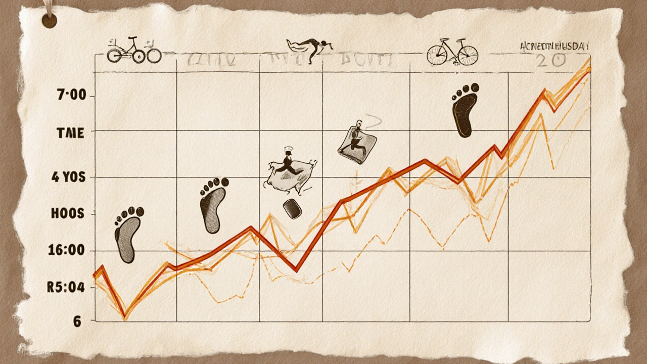 Visual weekly training plan showing running, cross-training, and rest days with icons.