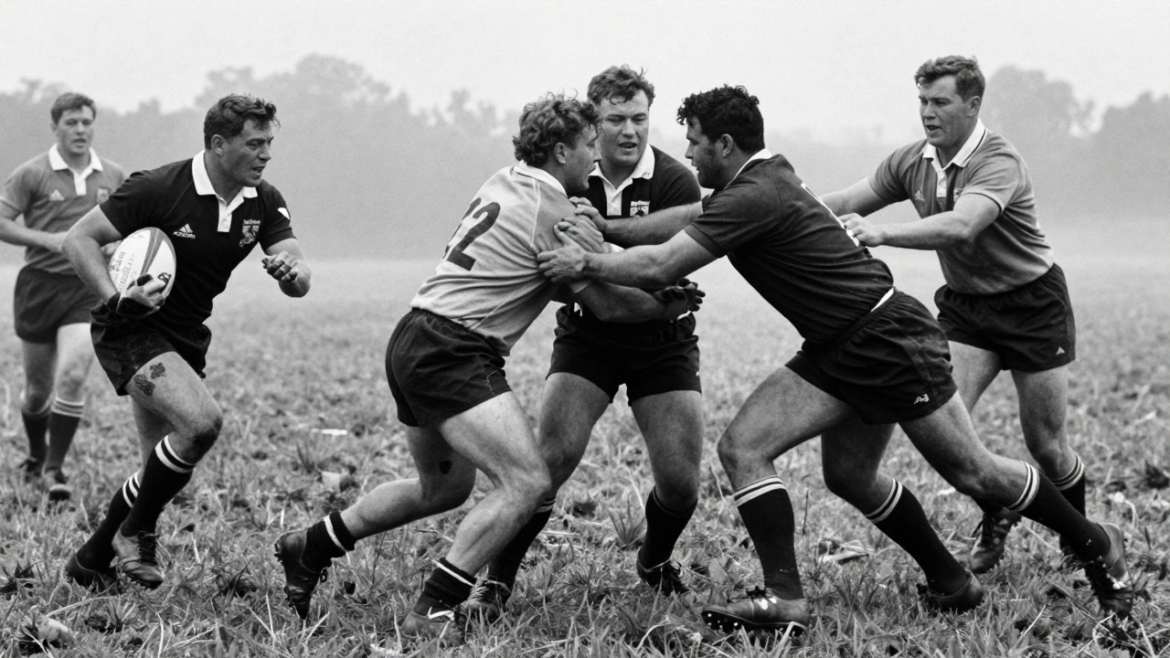1888 British Lions rugby match against Māori players in New Zealand, no helmets, intense physical contact.