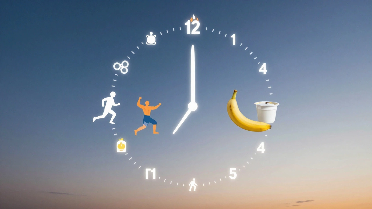 24-hour metabolic clock with icons of fat burn, muscle loss, and nutritious snacks.