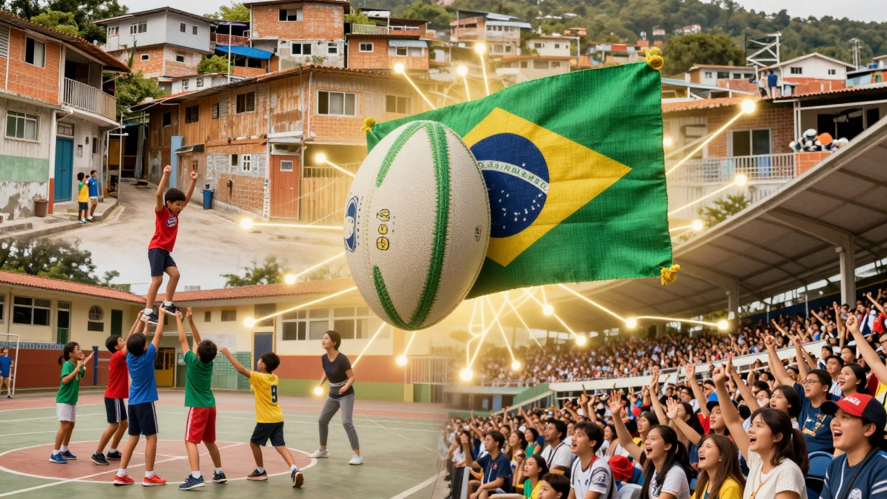 A handmade Brazilian flag merged with a rugby ball, surrounded by scenes of grassroots rugby across Brazil.