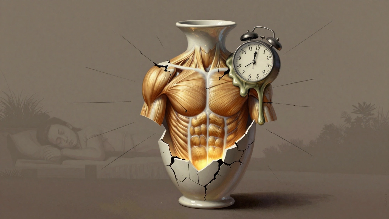 A human body depicted as a cracked ceramic vase with glowing muscles and melting clock, symbolizing overtraining and burnout.