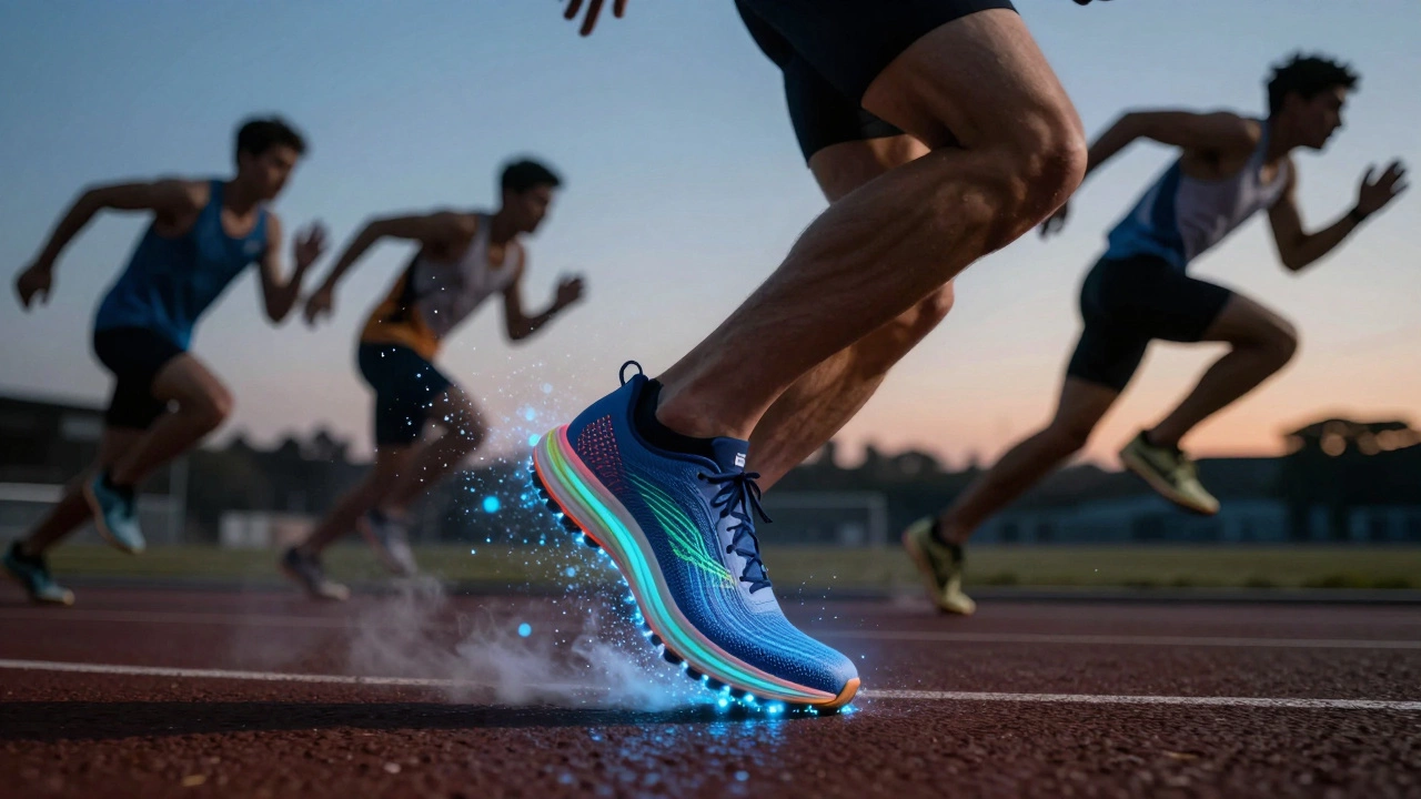 Athlete sprinting as their shoe transforms into a high-tech 3D-printed midsole with pressure sensors.
