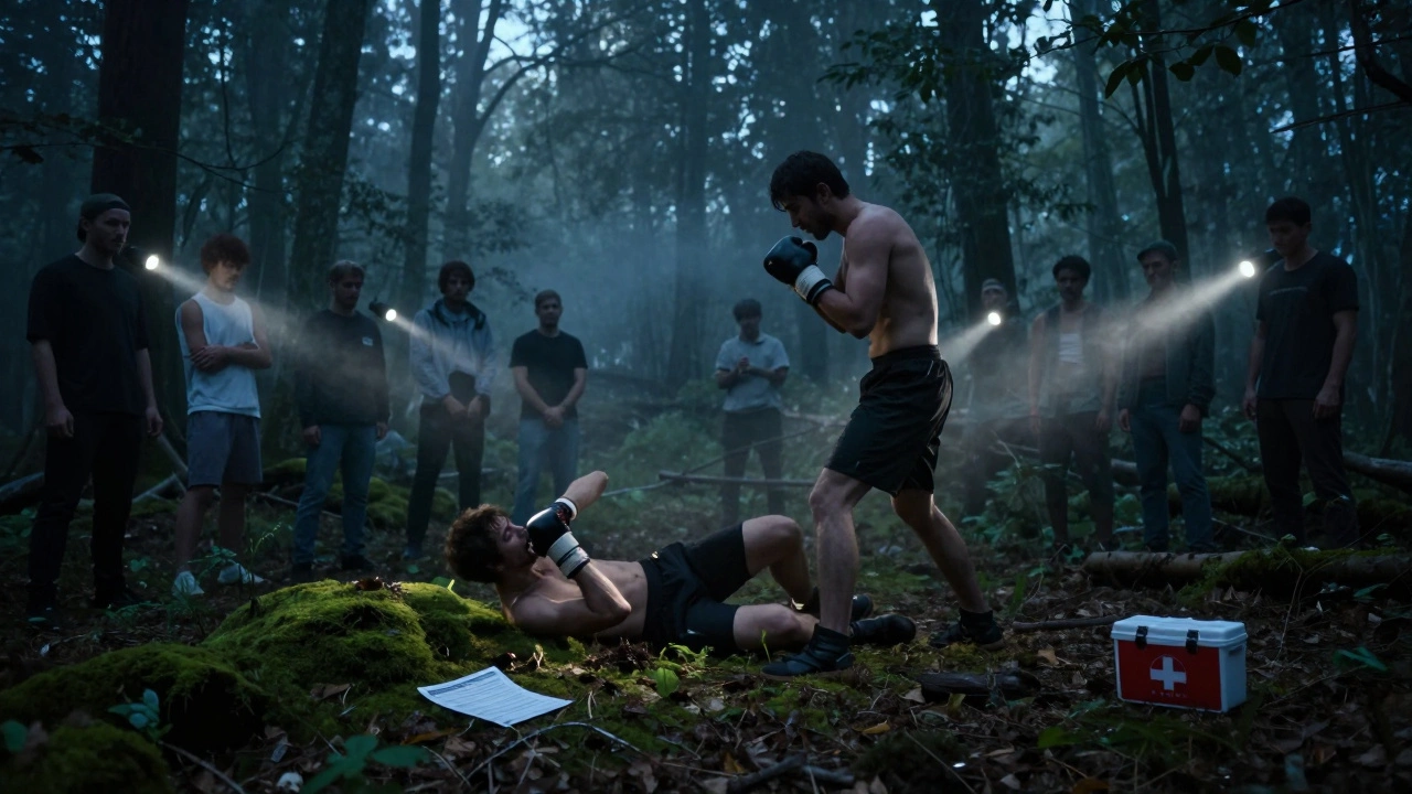 Bare-knuckle fight in a forest at dusk, one fighter down, lights flickering.