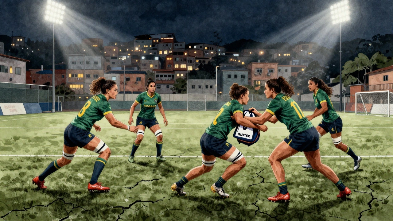 Brazil's women's rugby team training at night under floodlights on an urban field, one player wearing a nurse's badge.