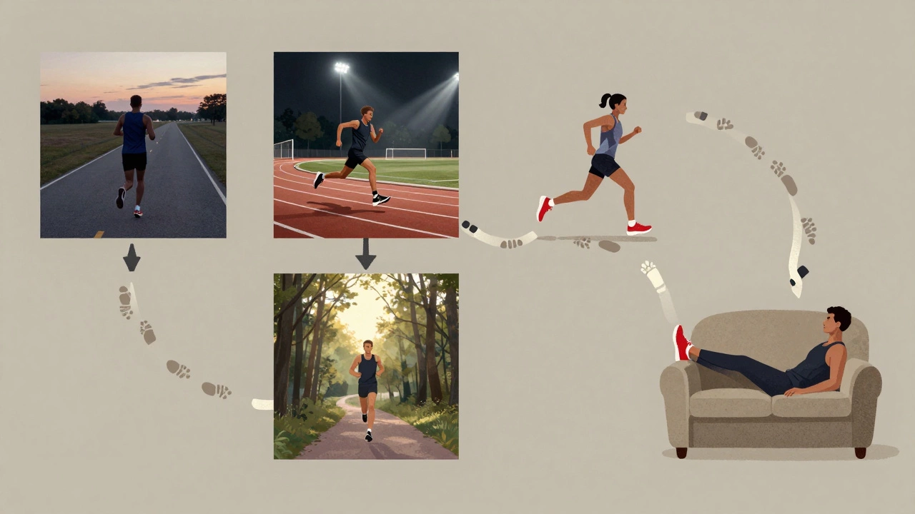 Circular training schedule showing tempo run, intervals, long run, and rest day with footprints connecting them.