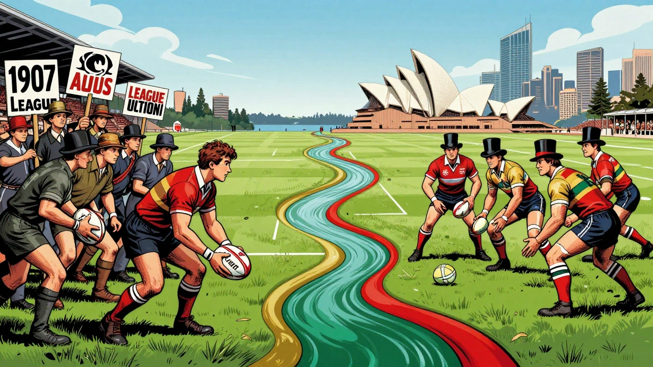 Comic-style split illustration showing the historical origins of rugby league and union in Australia.