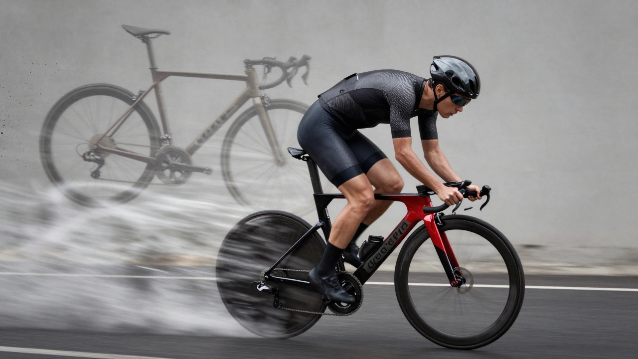 Cyclist moving through wind streams as outdated bike fades away
