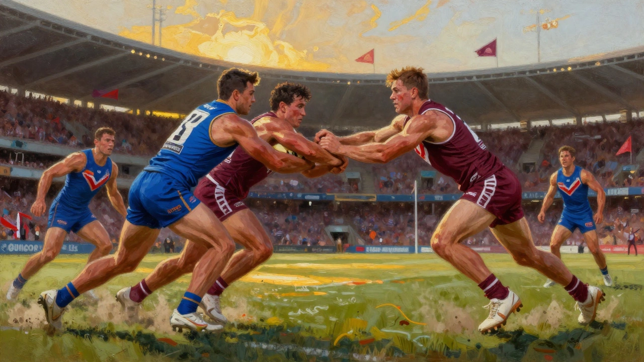 Dramatic rugby league tackle between New South Wales and Queensland teams at State of Origin.