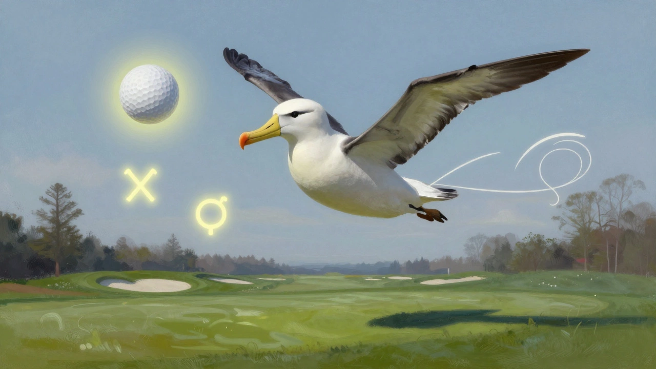 Floating albatross scorecard with golf symbols and famous courses in the background.