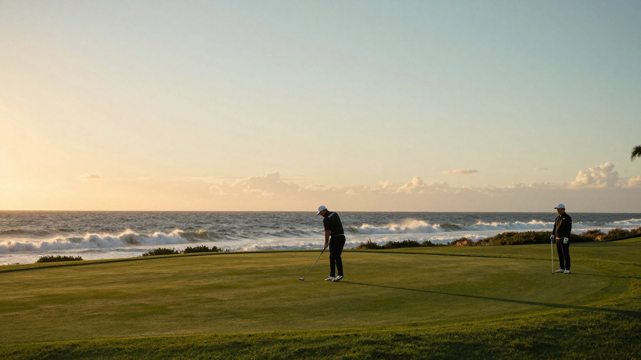Golfer on final hole at Jupiter, Florida, with ocean backdrop and no branding visible.