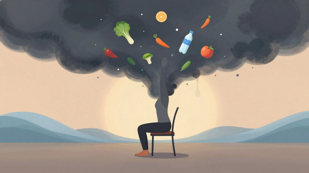 Person in yoga pose surrounded by abstract symbols of stress fading and healthy choices rising.