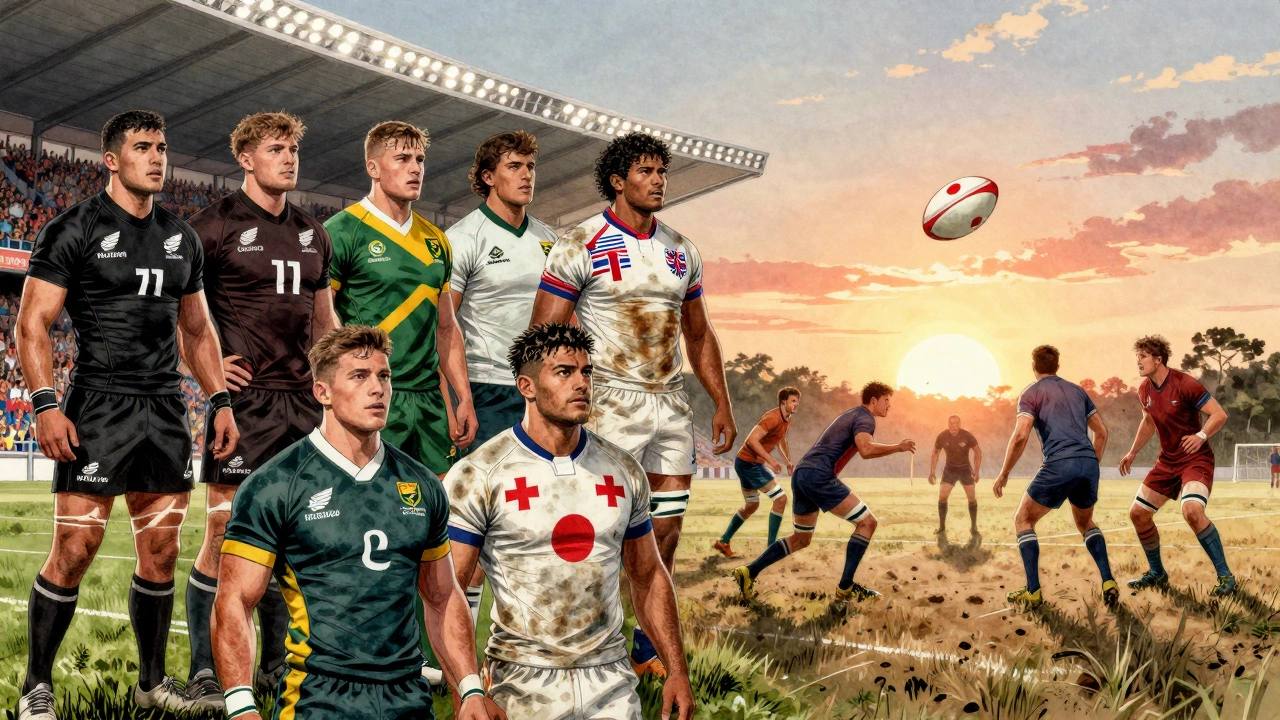 Professional rugby stadium contrasted with a modest training field under sunset.