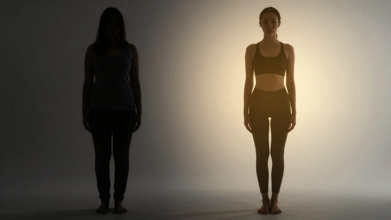 Silhouette comparison showing transformation from slumped to upright posture with glowing energy.