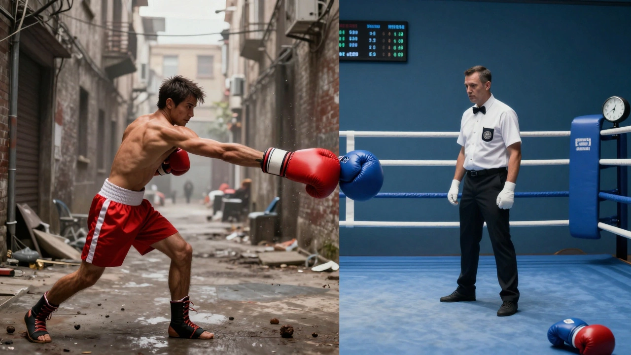 Split image: chaotic street fight on left, regulated boxing match on right, glove bridging both.