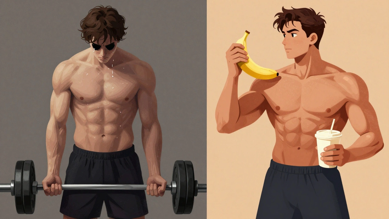 Split image showing weak, tired exerciser versus strong, fueled athlete.