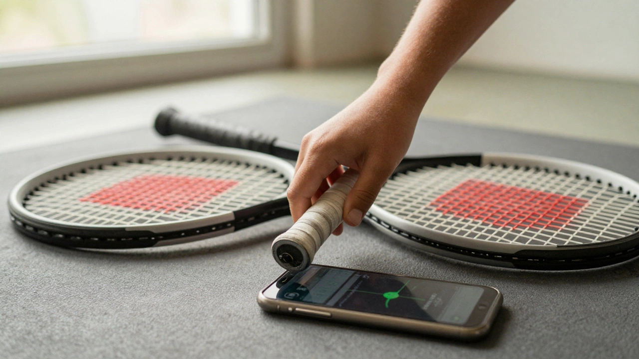 Teen's hand holding lightweight racket next to pro-grade racket with phone showing data