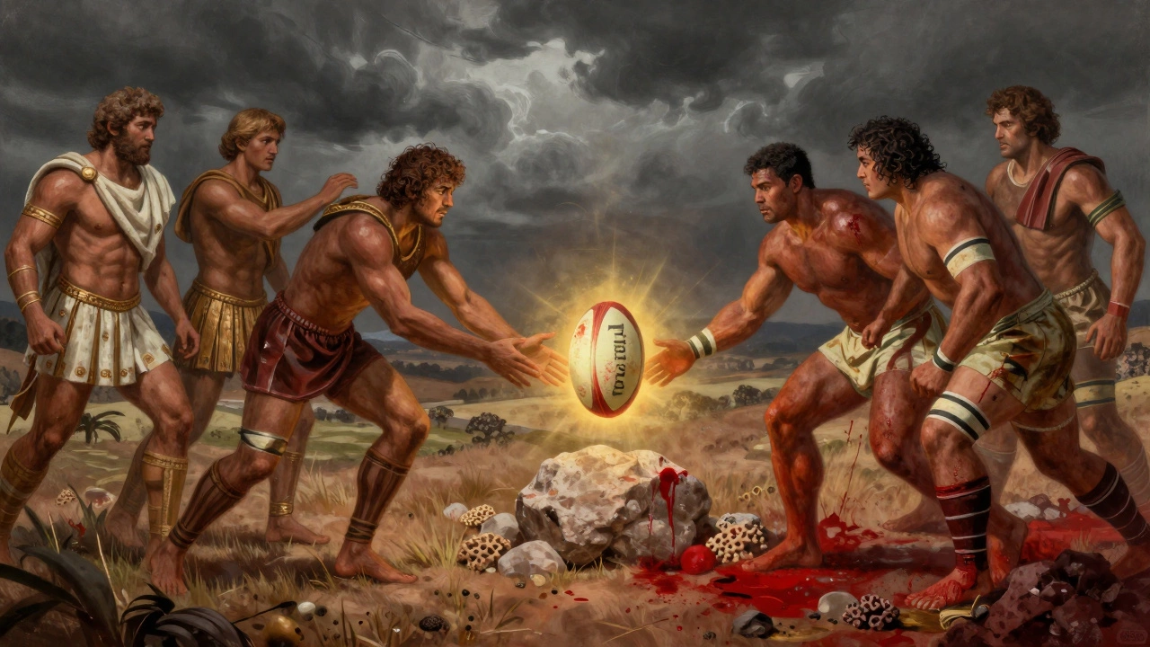 Three historical eras of rugby connected by a glowing ball, symbolizing its ancient roots and enduring spirit.
