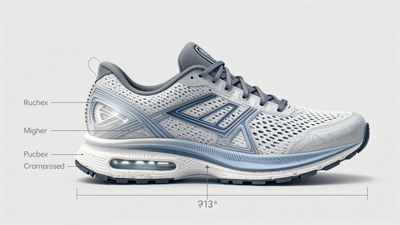Transparent cross-section of a running shoe showing outsole, midsole, and upper layers with labeled components.