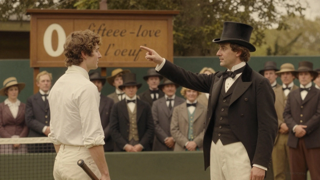 Victorian-era tennis players in white attire, one calling out 'fifteen-love' with an egg symbol on the scoreboard behind them.