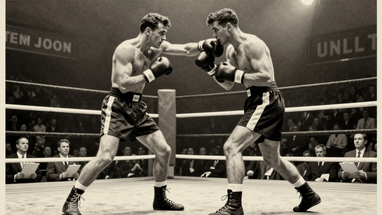 Vintage-style boxing poster with two fighters in 1950s gear, spotlight on ring, nostalgic tone.