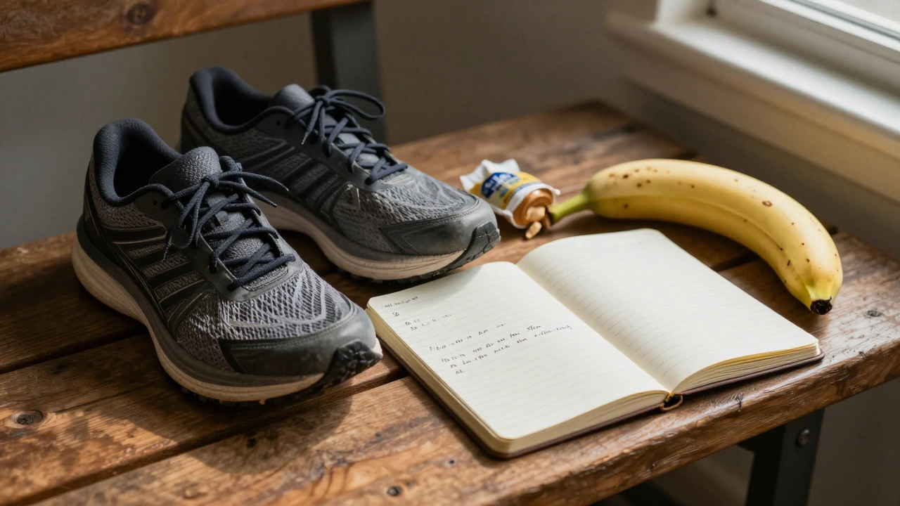 Worn running shoes and a training log on a bench with a banana wrapper nearby.