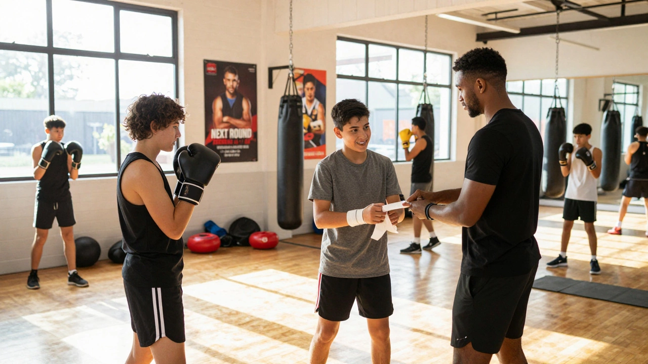 Youth boxing in a bright community gym, coach watching, positive atmosphere.