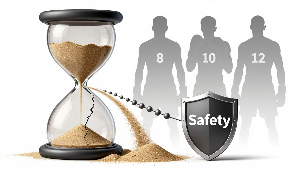 A boxer's body as an hourglass showing brain trauma accumulating past ten rounds, with a safety shield blocking further damage.