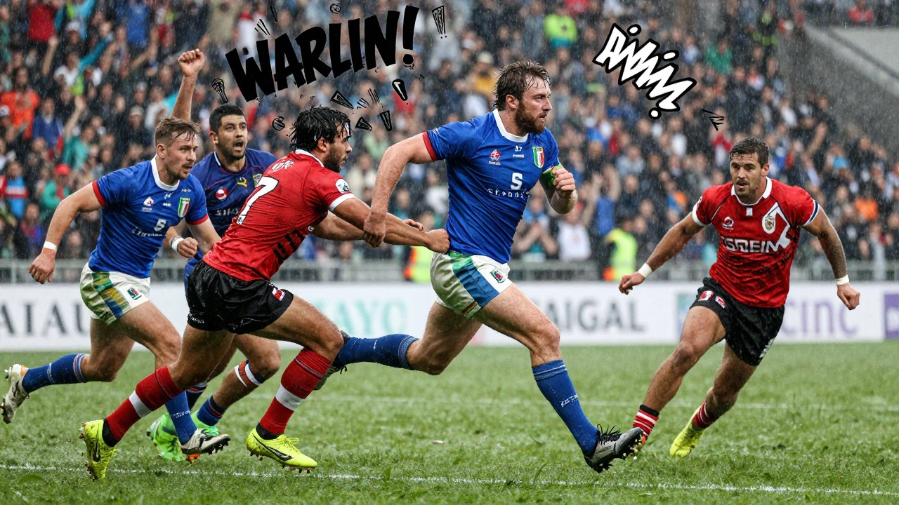 A fly-half charges forward with three defenders clinging to him in a dynamic rugby moment.