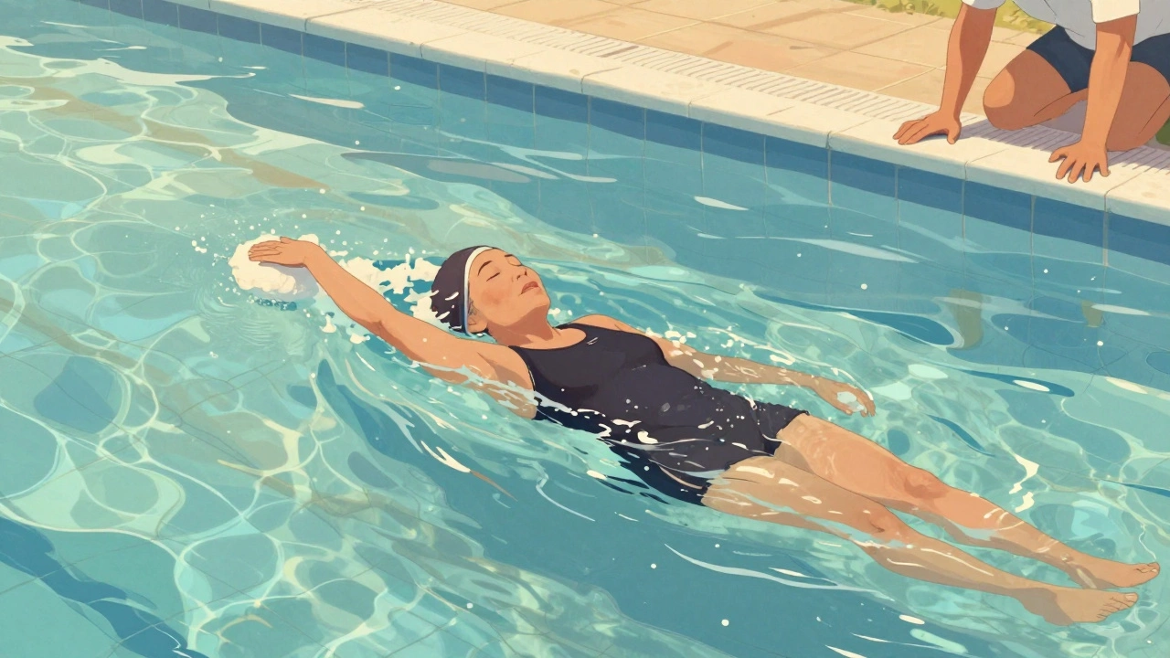 A senior woman swimming gently in a sunlit pool, instructor watching nearby.