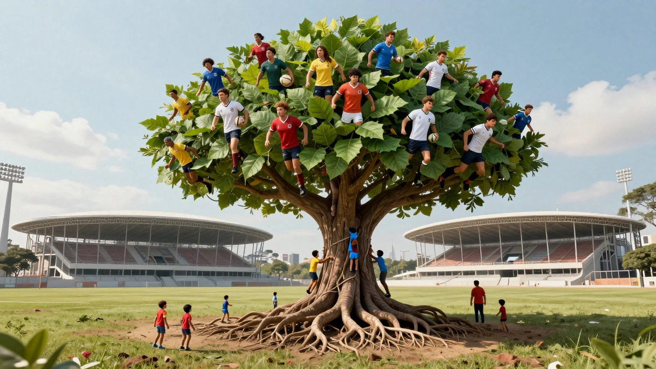 A symbolic rugby tree grows from a youth field toward a future stadium in São Paulo.