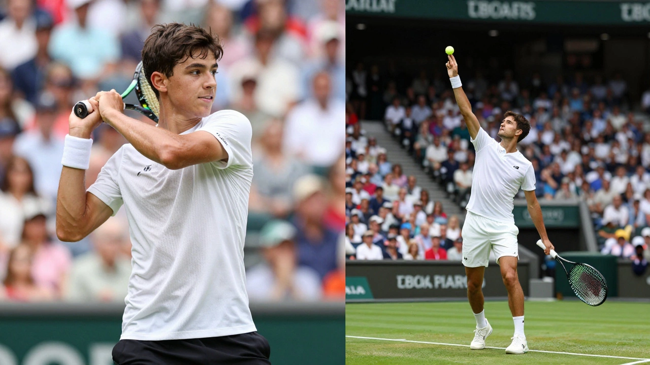 A tennis player transitioning from teenage competitor in a Grand Slam to a top-ranked professional in a packed stadium.