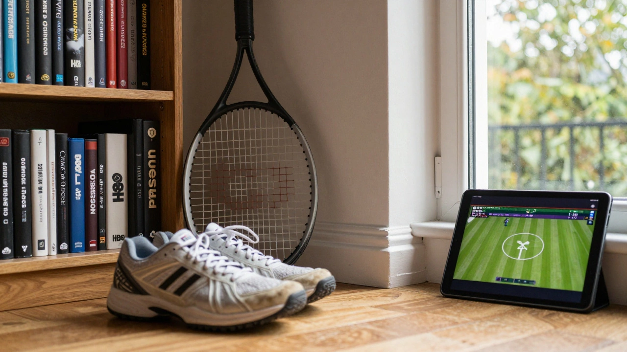 A tennis racket and shoes beside HBO DVDs, with a tablet showing Wimbledon scores in sunlight.