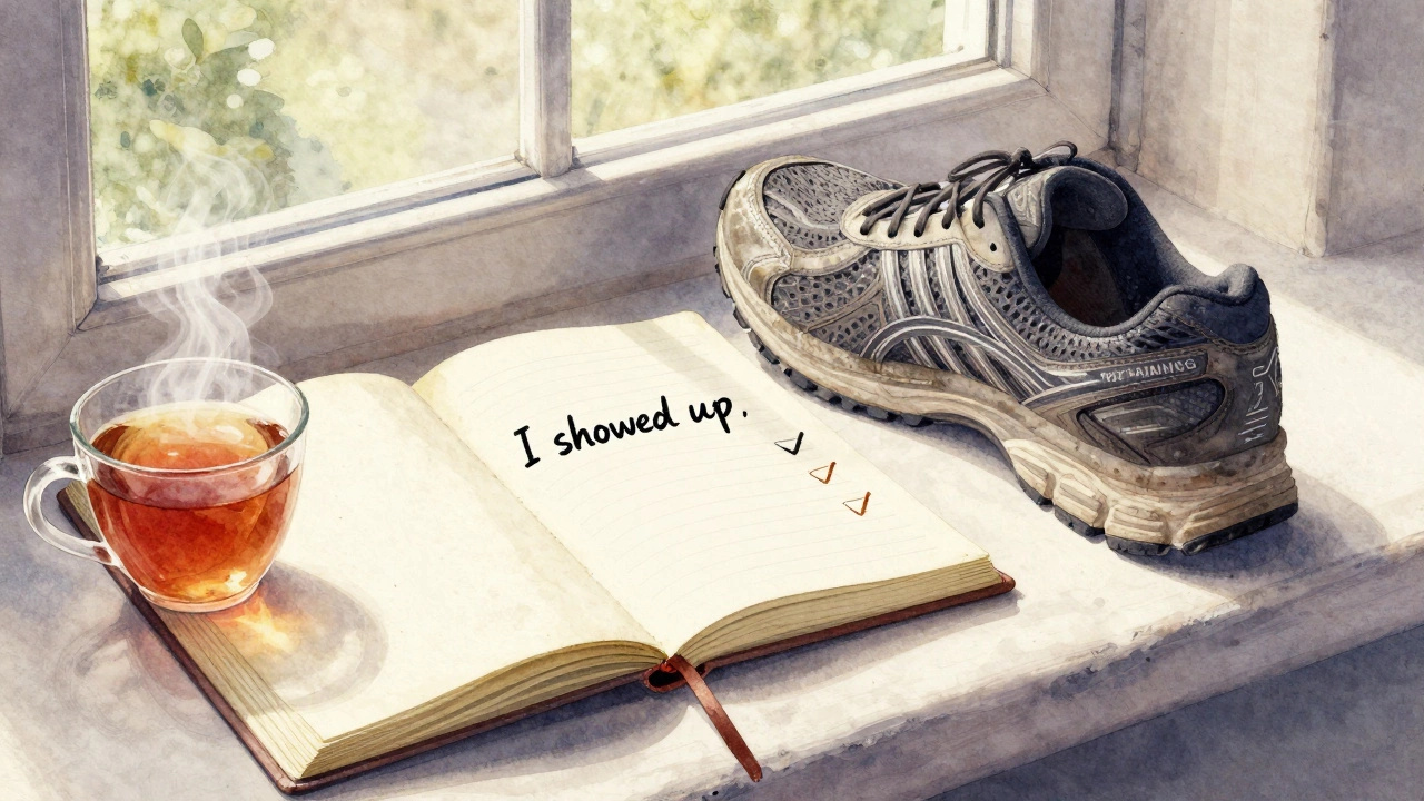 A worn running shoe and open training journal on a windowsill with morning light, symbolizing quiet perseverance.