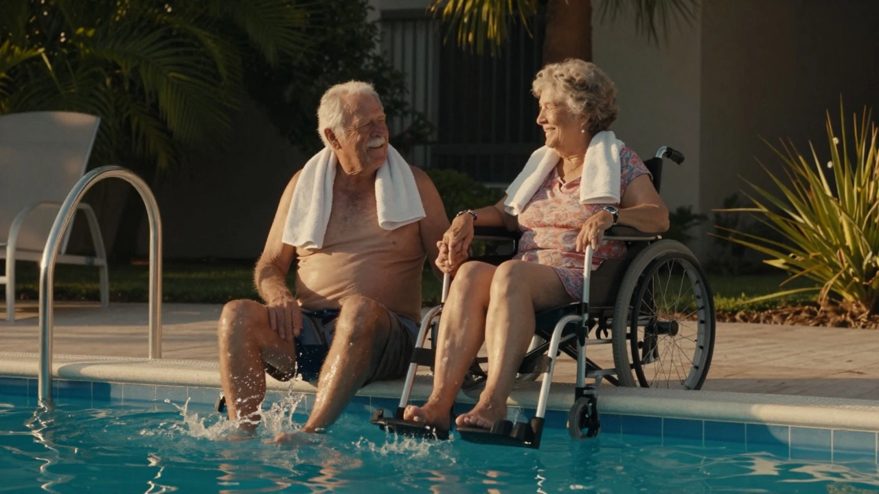 An elderly couple splashing their feet together on the pool edge, holding hands.