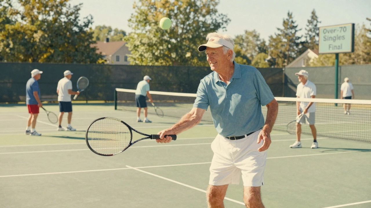 An elderly man playing senior tennis in a relaxed match against peers under a warm afternoon sun.