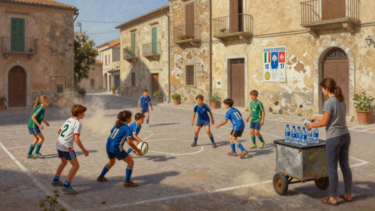 Children play rugby on a dusty town square, wearing donated jerseys under the Italian sun.