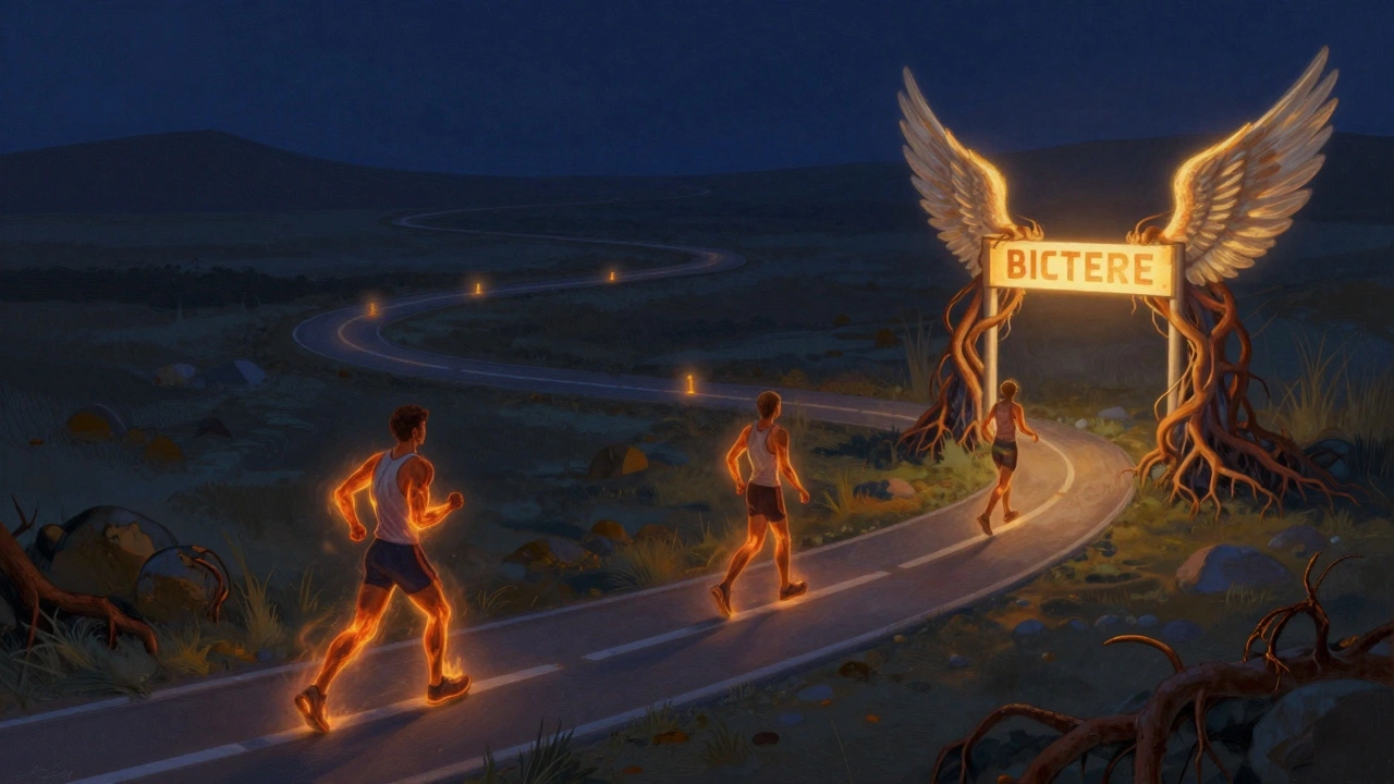 Conceptual path of marathon journey with glowing walk breaks and finish line surrounded by roots and wings.