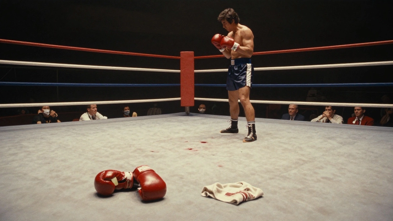 Empty boxing ring after a tragic 1980s fight, with gloves and a towel on the canvas under a single spotlight.