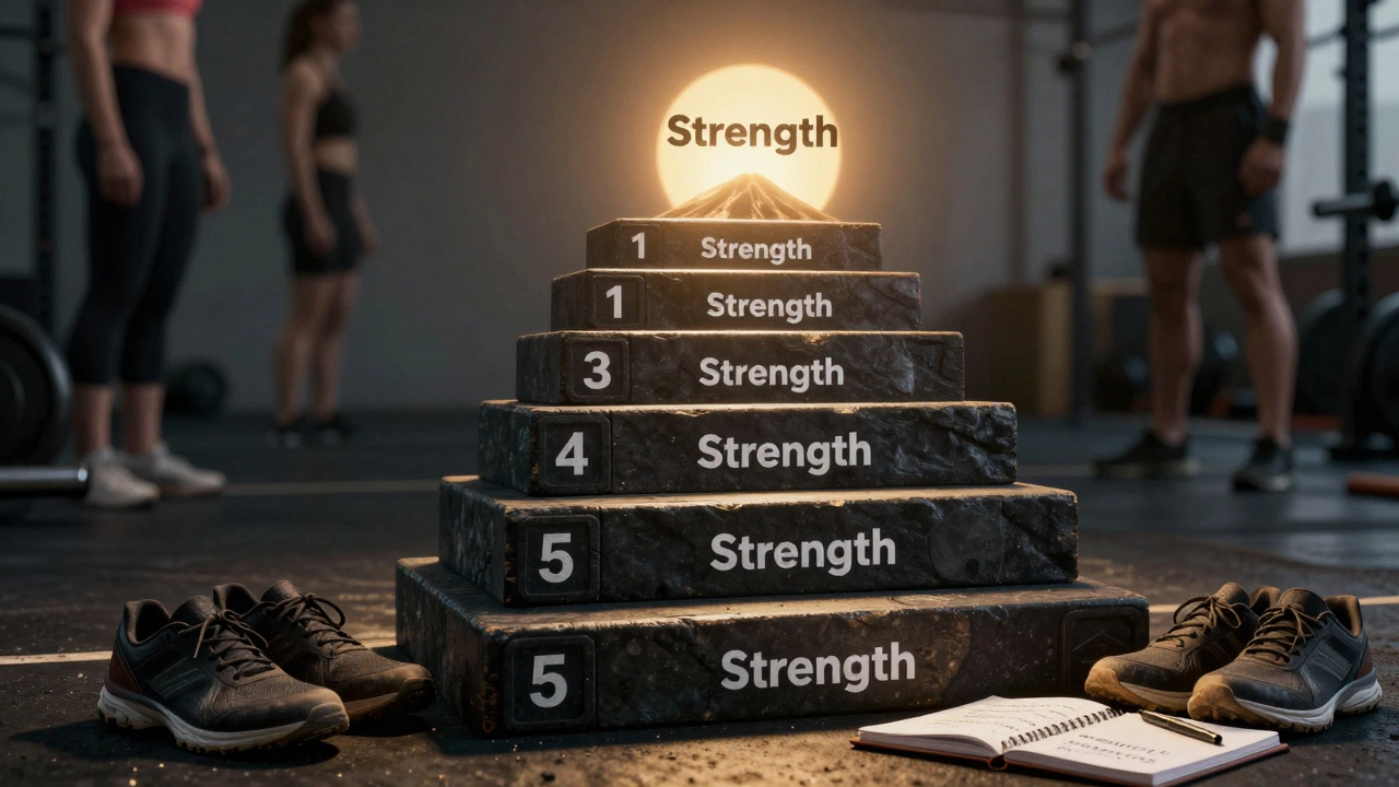 Five stacked barbells forming a staircase to a glowing summit, symbolizing strength progression.