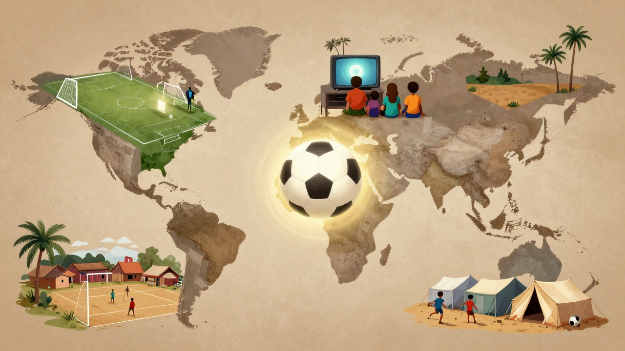 Global collage of people playing and watching football in diverse cultures around the world.