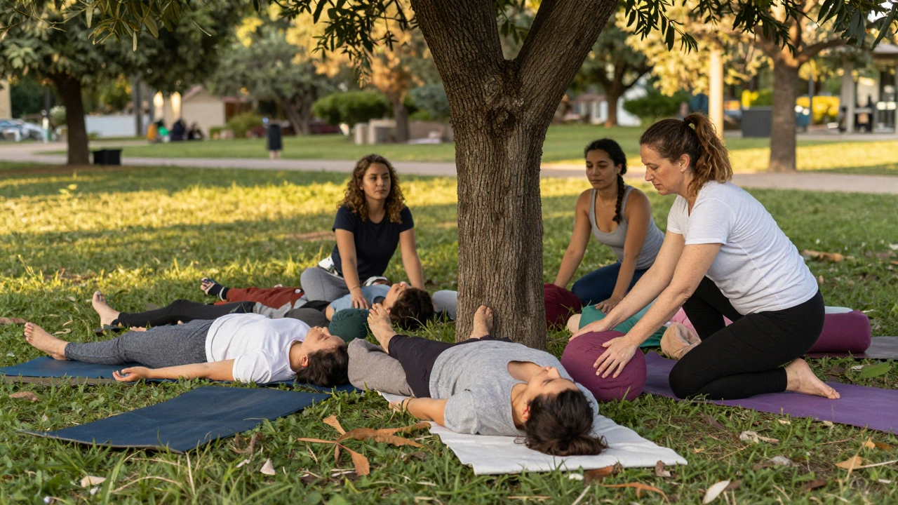 Group doing restorative yoga outdoors with blankets and bolsters at sunset