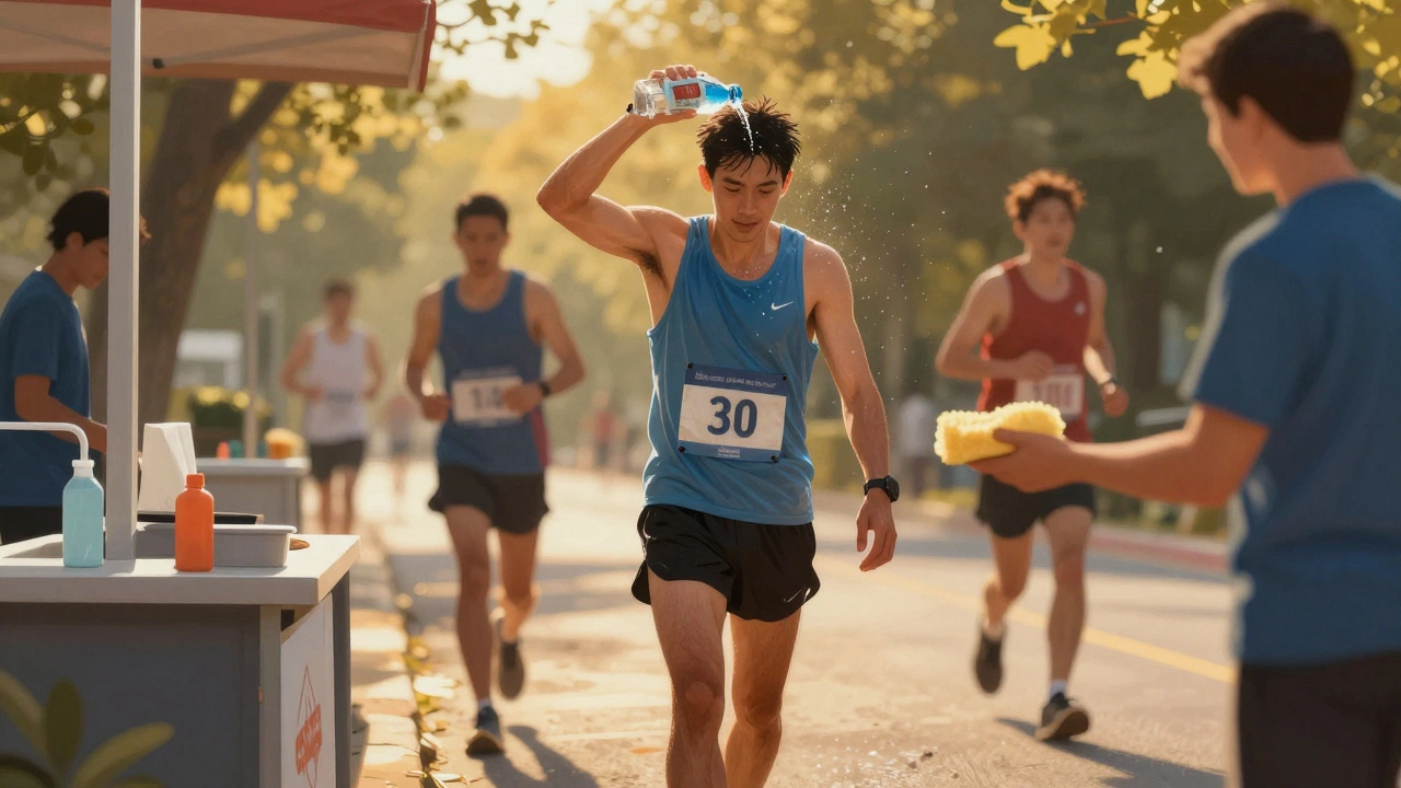 Runner walking through aid station, water poured over head, volunteer offering sponge, other runners blurred in background.