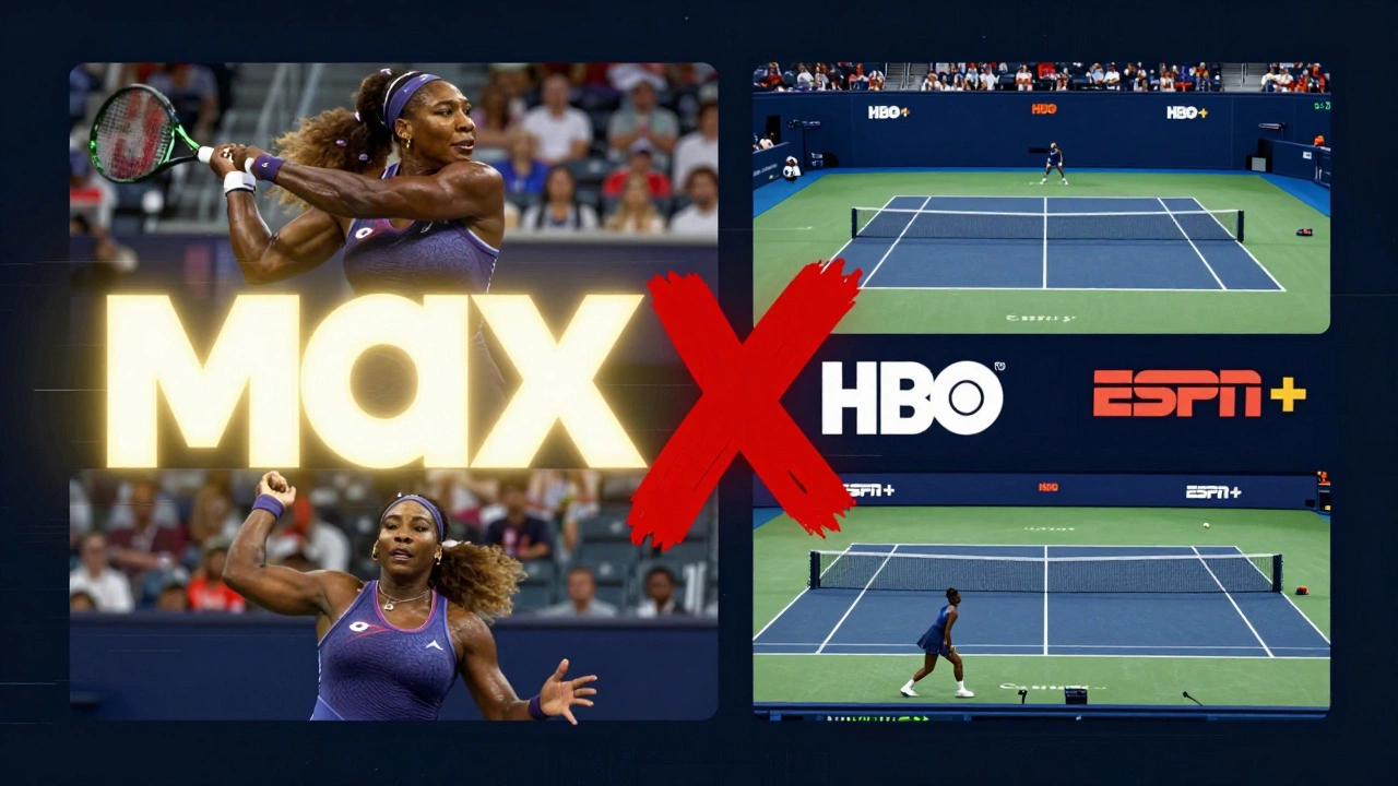 Split-screen: Max documentaries on one side, ESPN+ live tennis on the other, with HBO crossed out.