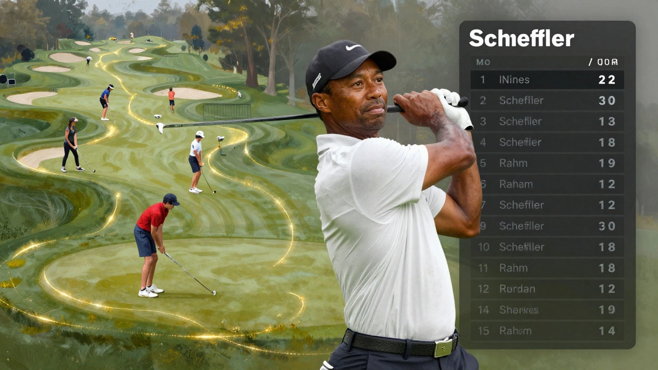 A ghostly image of Tiger Woods overlaid on a modern leaderboard, with young golfers playing on courses he designed.