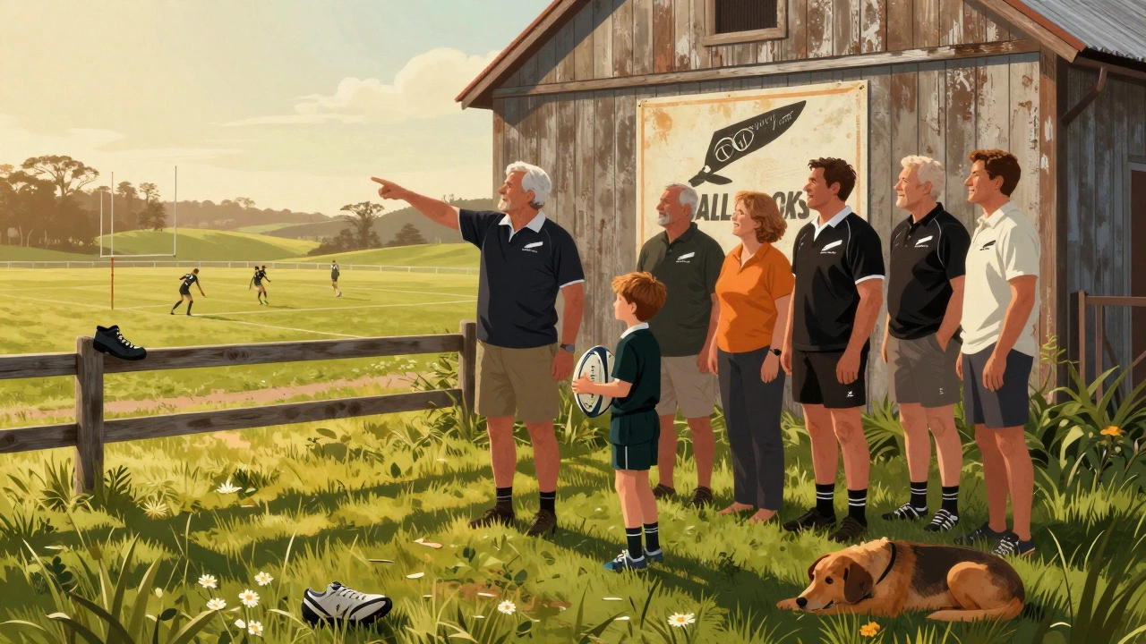 A grandfather and young boy watching rugby on a hillside, with an All Blacks poster in the background.