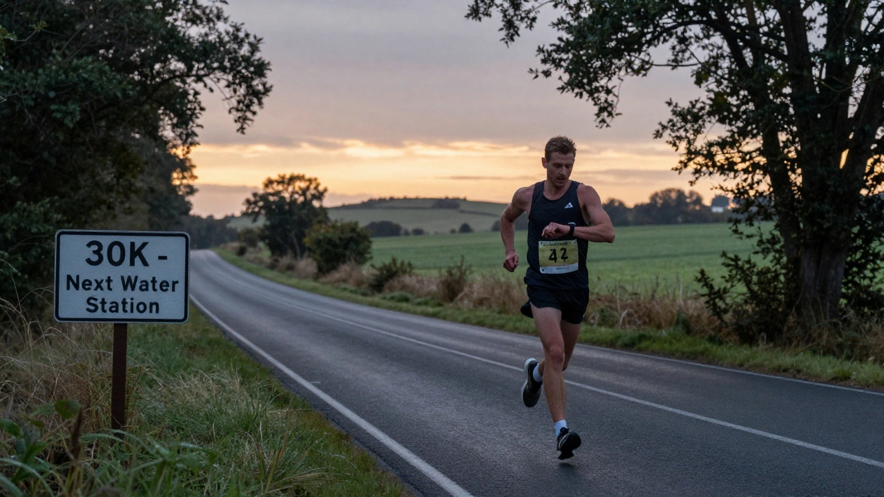 A lone runner on a long training run at twilight, checking a GPS watch beside a 30K sign.